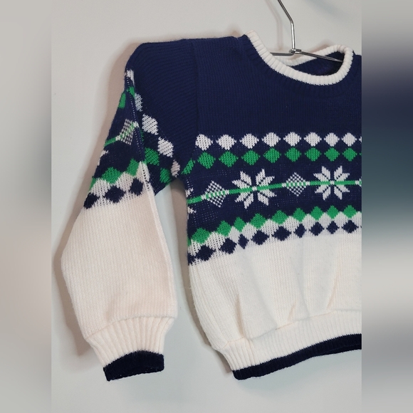 Vintage Retro 80s 90s Bull Frog Navy Blue Green White Snowflake Abstract Sweater - Picture 3 of 8